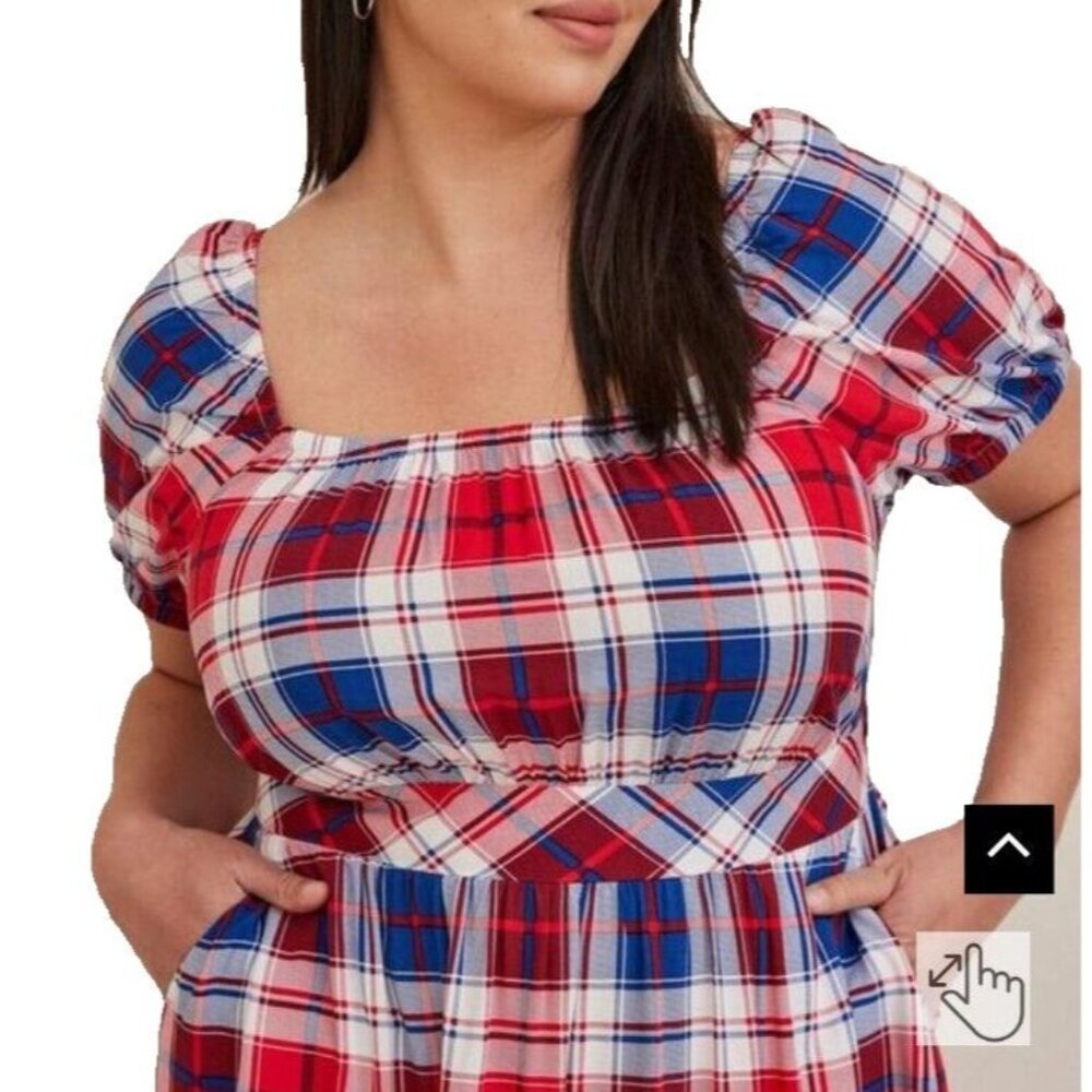 Torrid Puff Sleeve Tiered Challis Plaid Red White & Blue Prairie Maxi Dress 1X - Picture 13 of 16